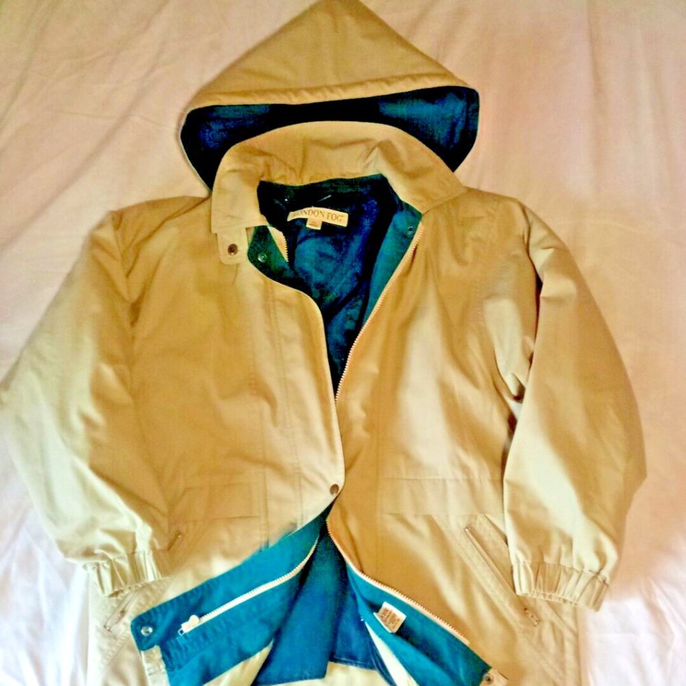 London Fog Women Jacket Size L Tan/Olive Removable Zip Out Lining & Hood